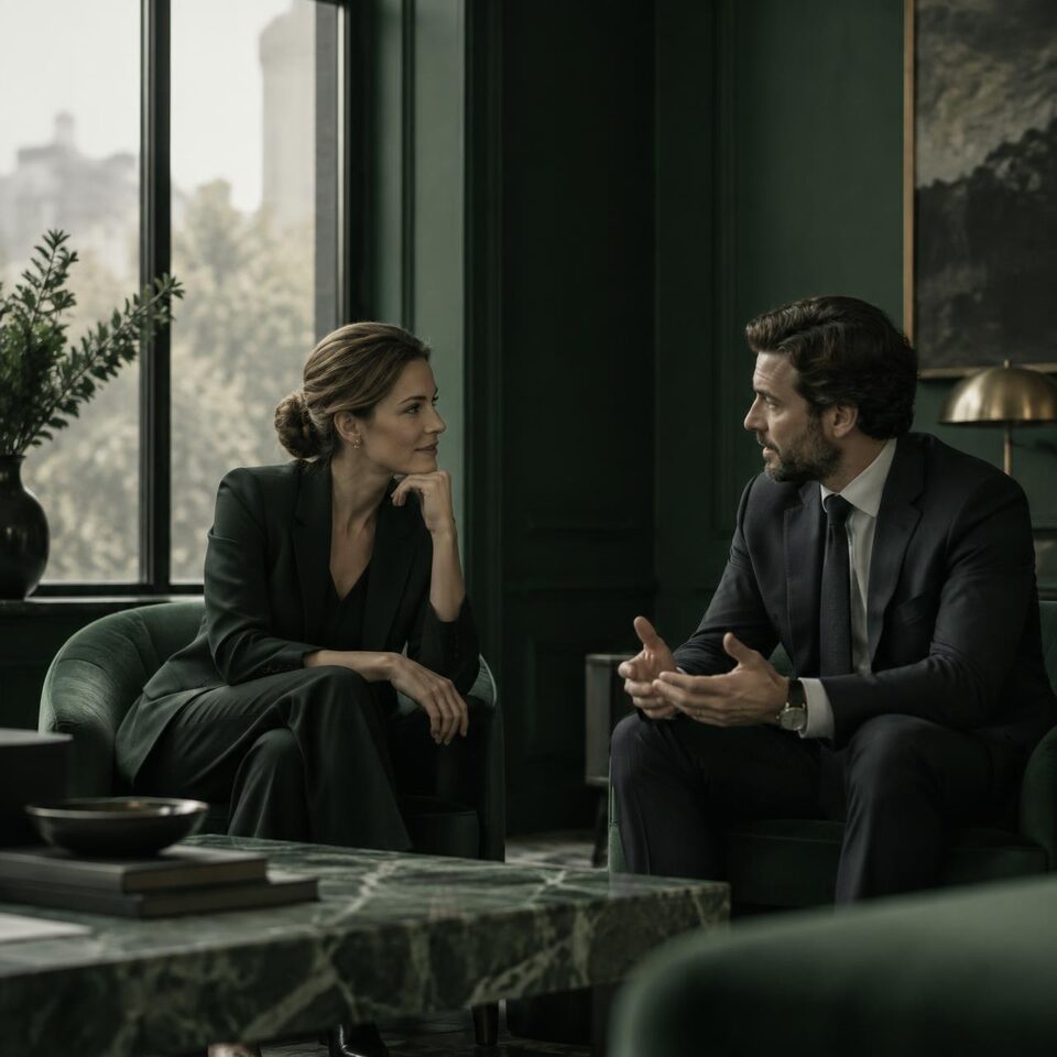 Two consultants in conversation beside a tall office window