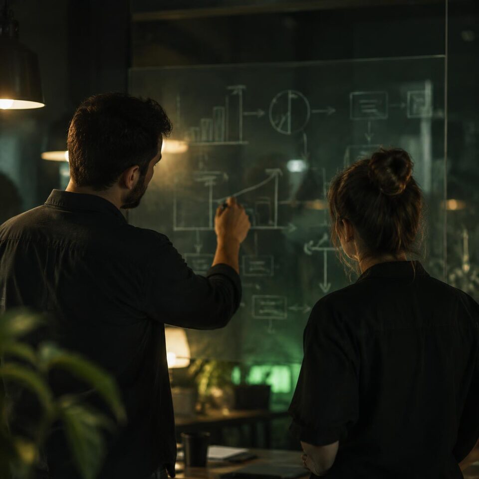Two colleagues mapping out a process on a glass whiteboard