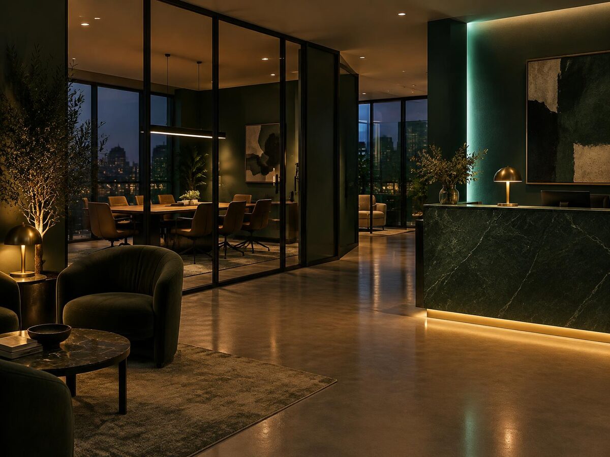Meeting room and reception area of a modern office in the evening
